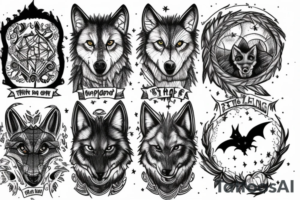 Full moon, wolf, bats, stranger things house, mushrooms tattoo idea