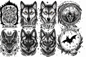 Full moon, wolf, bats, stranger things house, mushrooms tattoo idea