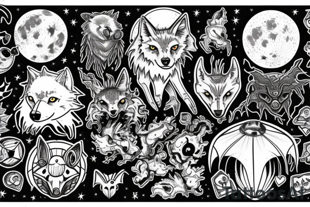 Full moon, wolf, bats, stranger things house, mushrooms tattoo idea