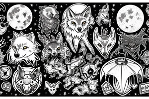 Full moon, wolf, bats, stranger things house, mushrooms tattoo idea