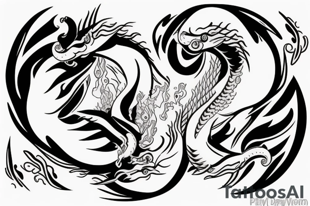 Black dragon and white unicorn in yin yang pose with   fire and snow around tattoo idea