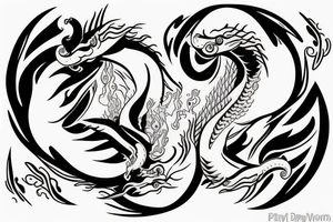 Black dragon and white unicorn in yin yang pose with   fire and snow around tattoo idea