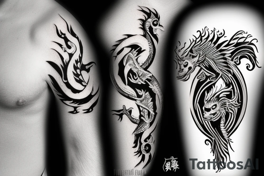 Black dragon and white unicorn in yin yang pose with   fire and snow around tattoo idea