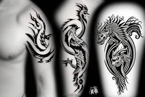 Black dragon and white unicorn in yin yang pose with   fire and snow around tattoo idea