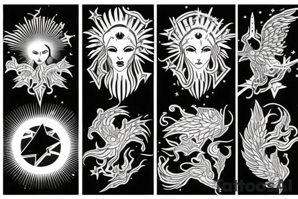 greek god, flames, sunshine, stars tattoo idea