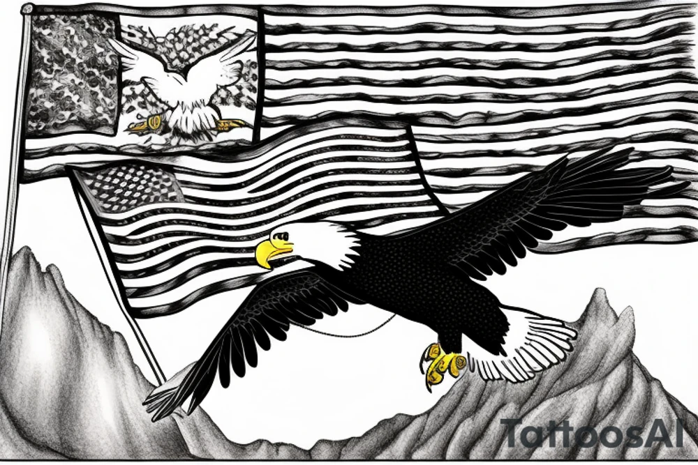 Bald eagle flying into the Appalachian mountains with a farm and American flag in the background tattoo idea