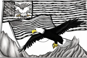 Bald eagle flying into the Appalachian mountains with a farm and American flag in the background tattoo idea