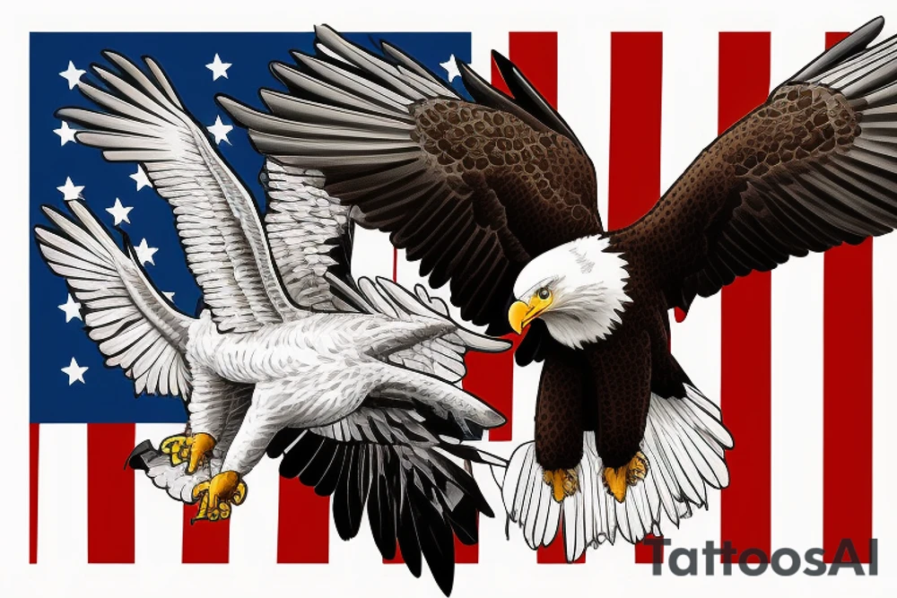 Bald eagle flying into the Appalachian mountains with a farm and American flag in the background tattoo idea