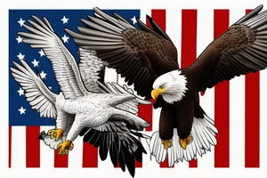 Bald eagle flying into the Appalachian mountains with a farm and American flag in the background tattoo idea