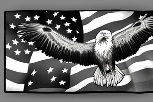 Bald eagle flying into the Appalachian mountains with a farm and American flag in the background tattoo idea