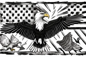 Bald eagle flying into the Appalachian mountains with a farm and American flag in the background tattoo idea