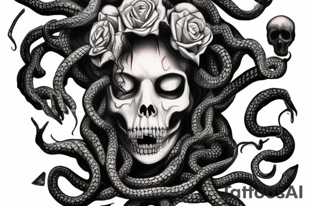 medusa looking up with a skull on his hand tattoo idea