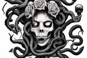 medusa looking up with a skull on his hand tattoo idea