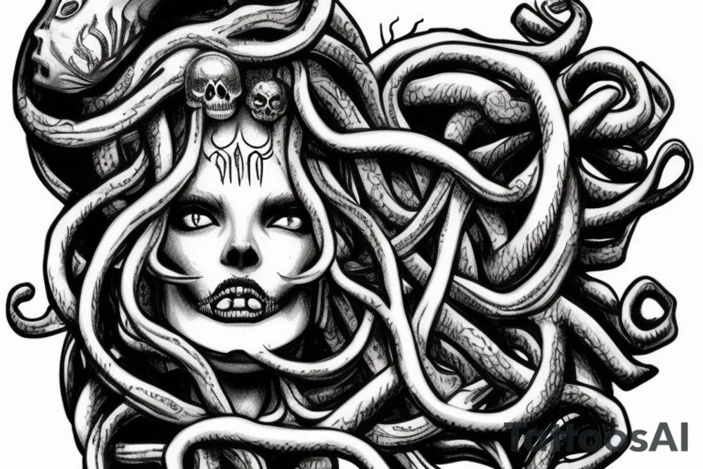 medusa looking up with a skull on his hand tattoo idea