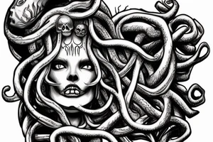 medusa looking up with a skull on his hand tattoo idea