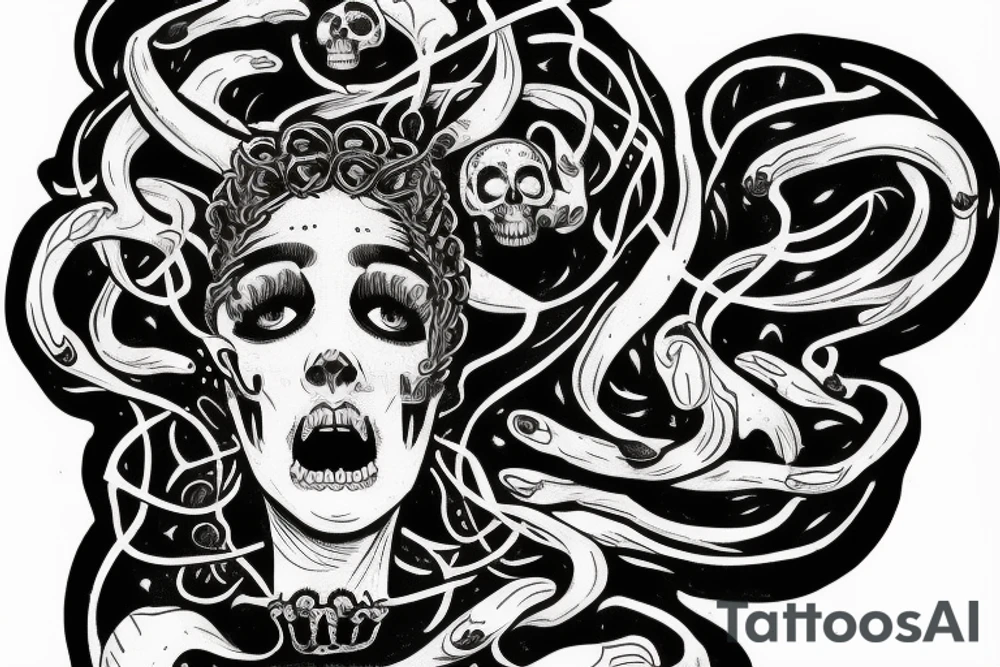 medusa looking up with a skull on his hand tattoo idea