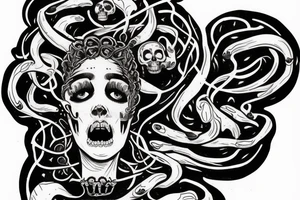 medusa looking up with a skull on his hand tattoo idea