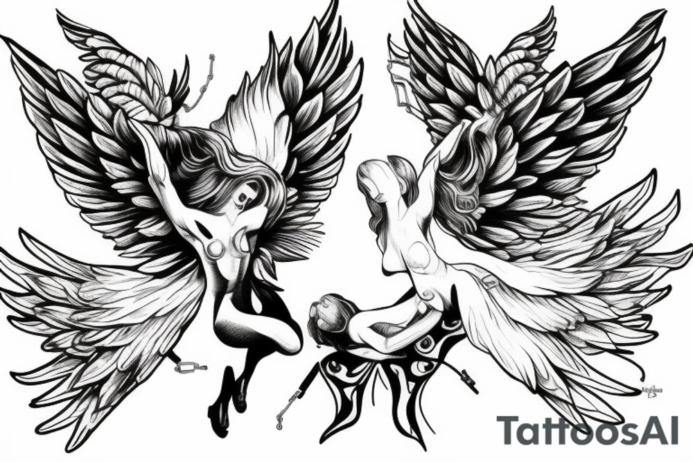 angel flying up held down by chains tattoo idea