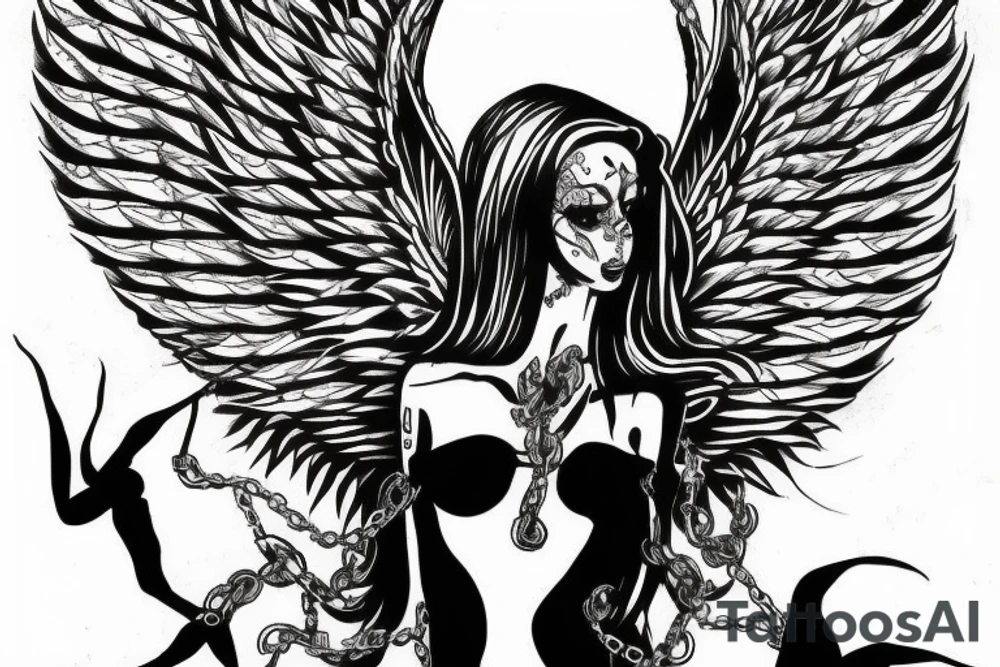 angel flying up held down by chains tattoo idea