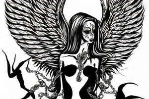 angel flying up held down by chains tattoo idea