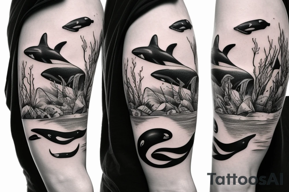 Killer whale on the shoulder to leg tattoo idea
