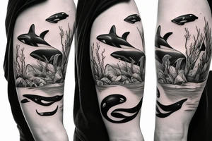 Killer whale on the shoulder to leg tattoo idea