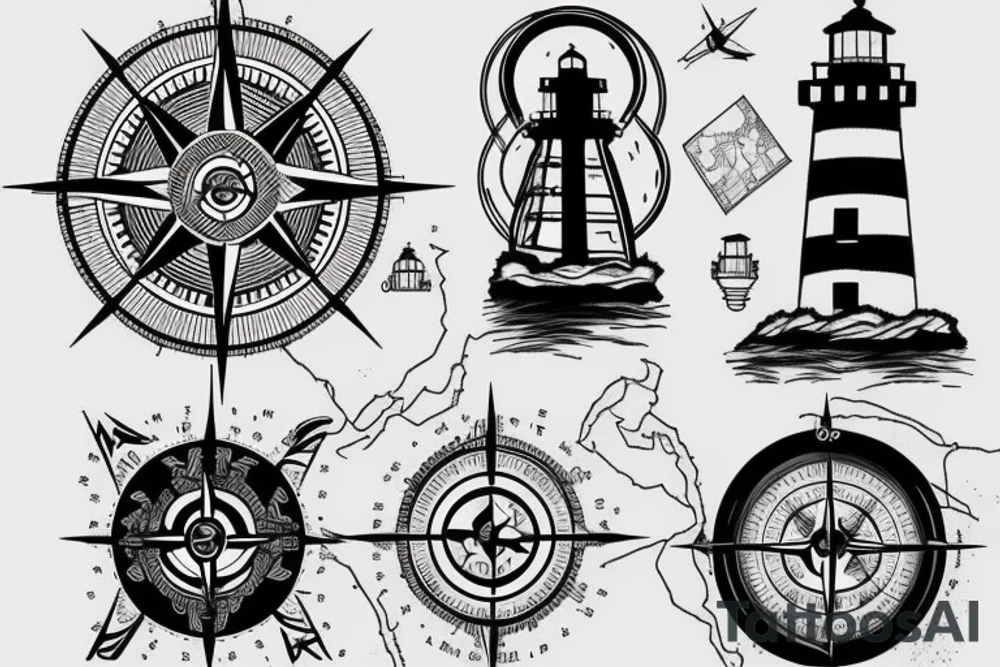 Compass, Travel, Map, Lighthouse, Lake tattoo idea