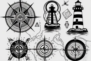 Compass, Travel, Map, Lighthouse, Lake tattoo idea