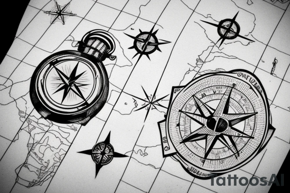 Compass, Travel, Map, Lighthouse, Lake tattoo idea