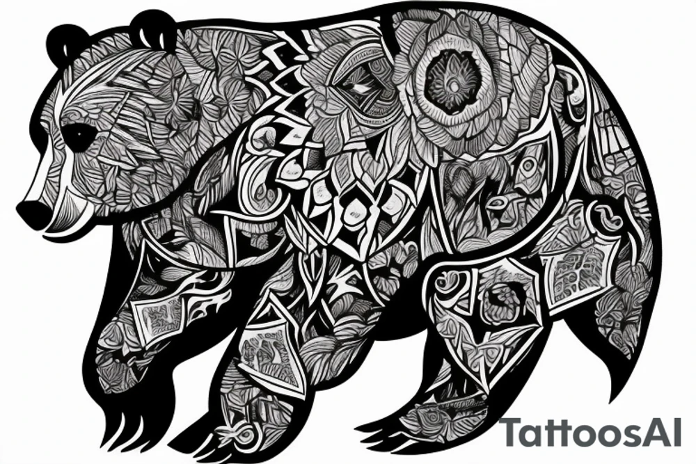 Bear with forest and moitains background tattoo idea