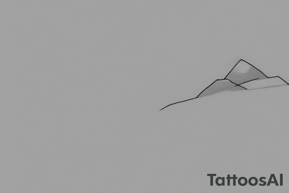 For a minimal tattoo design consisting of only black colors on a white background, have a snowy mountain drawing on the upper side of a thin line and the reflection of this mountain consisting of geometric minimal shapes on the lower side.  In the background, some slender circles, where it intersects with mountains and shapes, are dashed lines, others are straight lines. tattoo idea