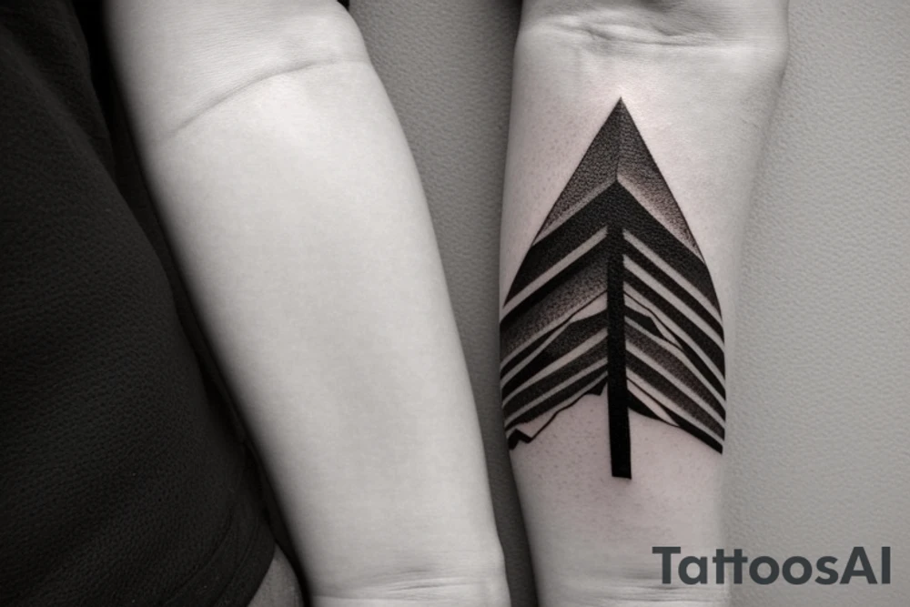 For a minimal tattoo design consisting of only black colors on a white background, have a snowy mountain drawing on the upper side of a thin line and the reflection of this mountain consisting of geometric minimal shapes on the lower side.  In the background, some slender circles, where it intersects with mountains and shapes, are dashed lines, others are straight lines. tattoo idea