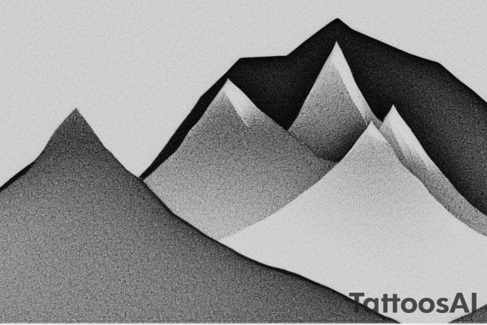 For a minimal tattoo design consisting of only black colors on a white background, have a snowy mountain drawing on the upper side of a thin line and the reflection of this mountain consisting of geometric minimal shapes on the lower side.  In the background, some slender circles, where it intersects with mountains and shapes, are dashed lines, others are straight lines. tattoo idea