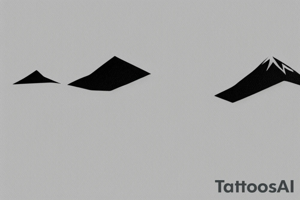 For a minimal tattoo design consisting of only black colors on a white background, have a snowy mountain drawing on the upper side of a thin line and the reflection of this mountain consisting of geometric minimal shapes on the lower side.  In the background, some slender circles, where it intersects with mountains and shapes, are dashed lines, others are straight lines. tattoo idea