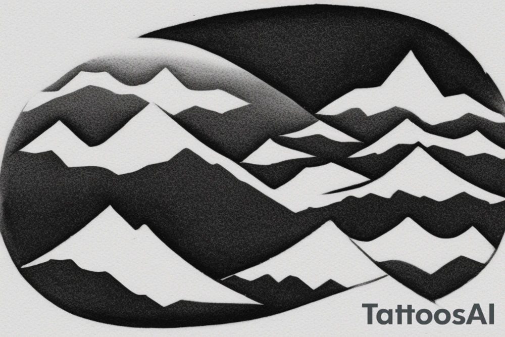 For a minimal tattoo design consisting of only black colors on a white background, have a snowy mountain drawing on the upper side of a thin line and the reflection of this mountain consisting of geometric minimal shapes on the lower side.  In the background, some slender circles, where it intersects with mountains and shapes, are dashed lines, others are straight lines. tattoo idea