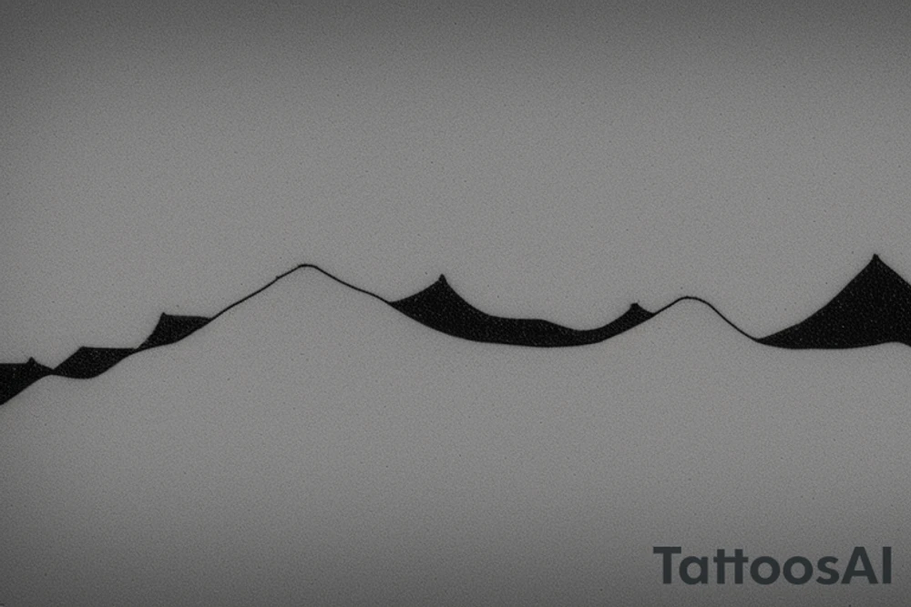 For a minimal tattoo design consisting of only black colors on a white background, have a snowy mountain drawing on the upper side of a thin line and the reflection of this mountain consisting of geometric minimal shapes on the lower side.  In the background, some slender circles, where it intersects with mountains and shapes, are dashed lines, others are straight lines. tattoo idea