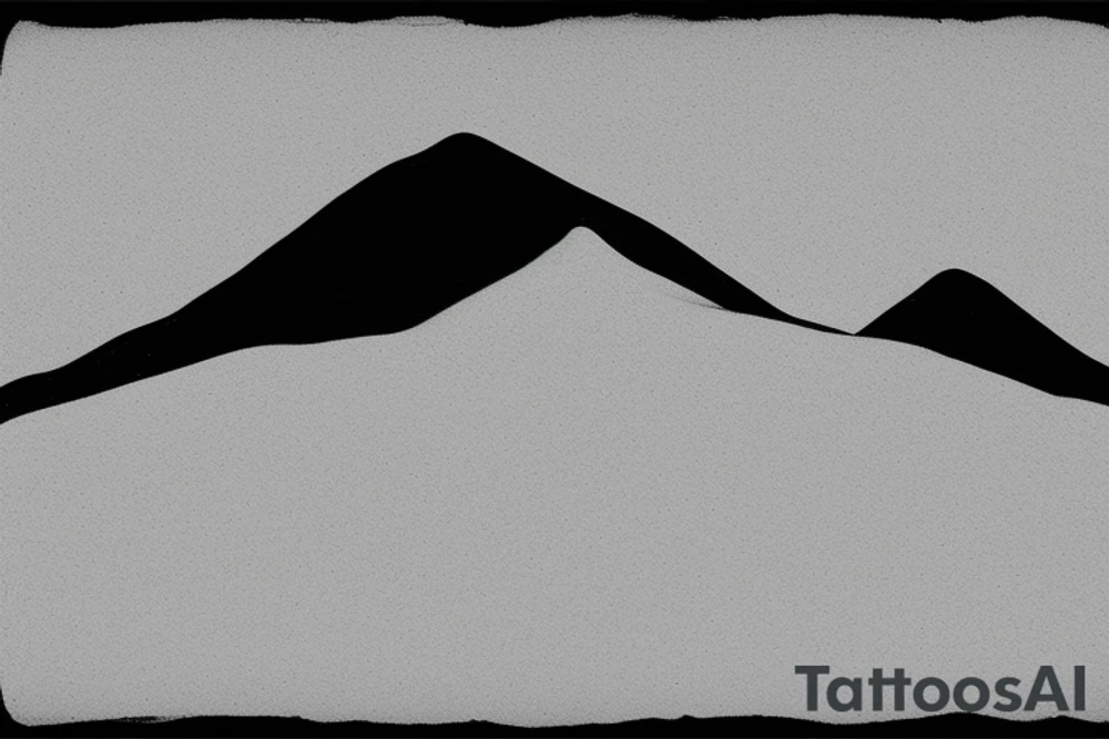 For a minimal tattoo design consisting of only black colors on a white background, have a snowy mountain drawing on the upper side of a thin line and the reflection of this mountain consisting of geometric minimal shapes on the lower side.  In the background, some slender circles, where it intersects with mountains and shapes, are dashed lines, others are straight lines. tattoo idea
