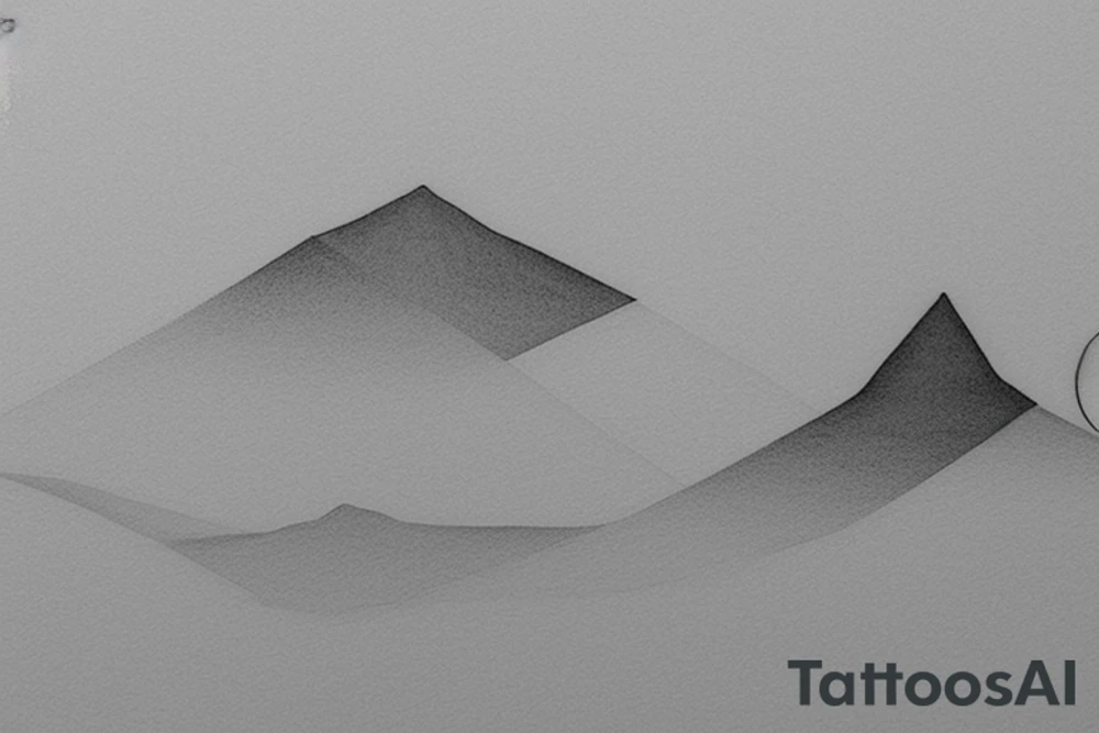 For a minimal tattoo design consisting of only black colors on a white background, have a snowy mountain drawing on the upper side of a thin line and the reflection of this mountain consisting of geometric minimal shapes on the lower side.  In the background, some slender circles, where it intersects with mountains and shapes, are dashed lines, others are straight lines. tattoo idea