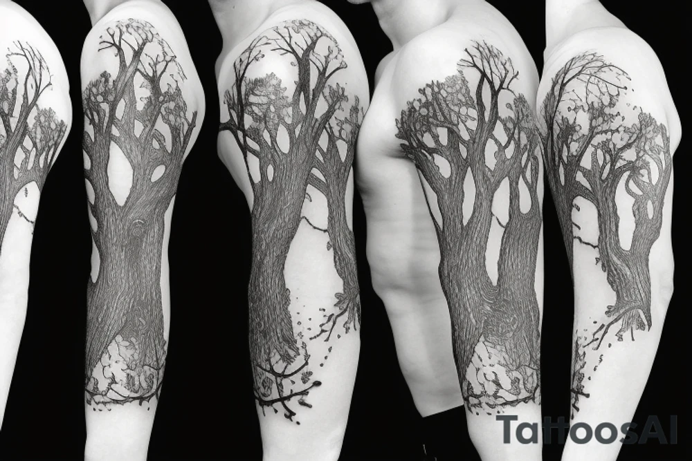 3/4 sleeve manly elm tree with an hourglass tattoo idea