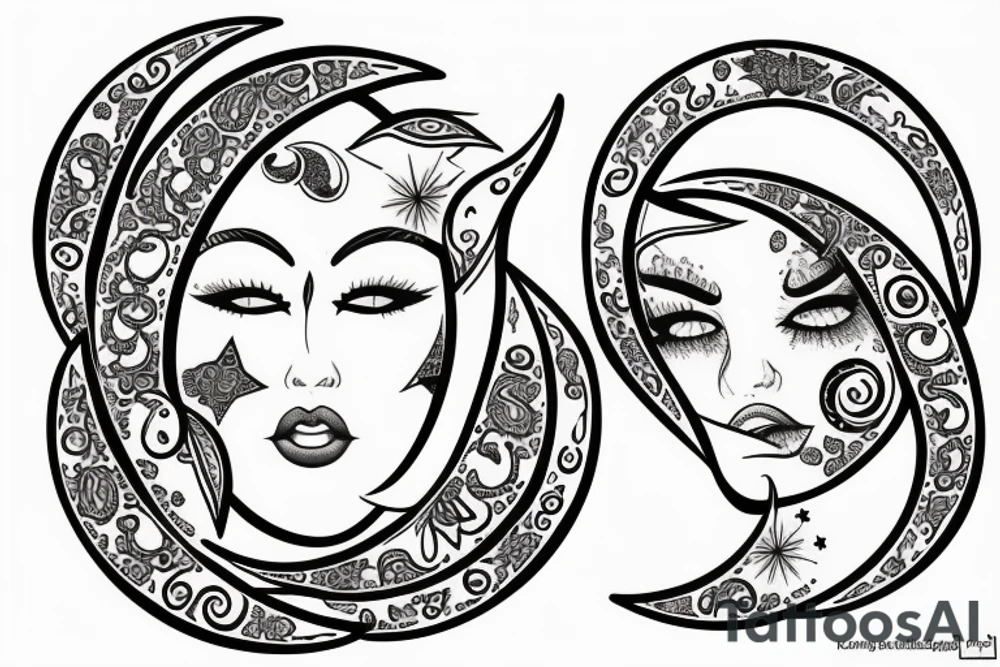 A crescent moon with a women's face in the free space tattoo idea A crescent moon with a women's face in the free space tattoo idea