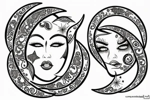A crescent moon with a women's face in the free space tattoo idea