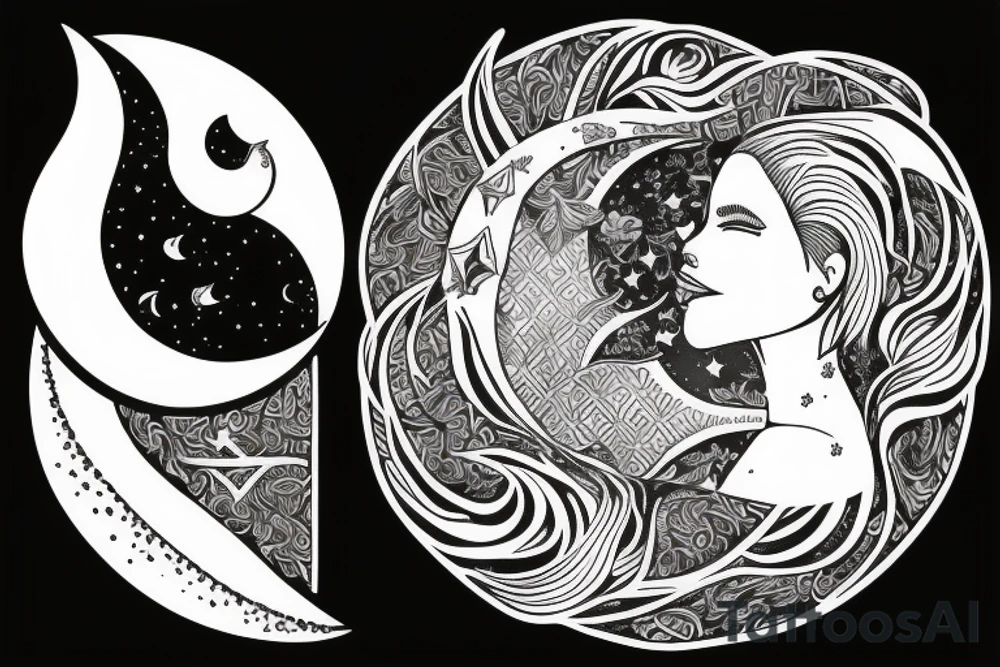 A crescent moon with a women's face in the free space tattoo idea