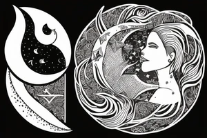 A crescent moon with a women's face in the free space tattoo idea