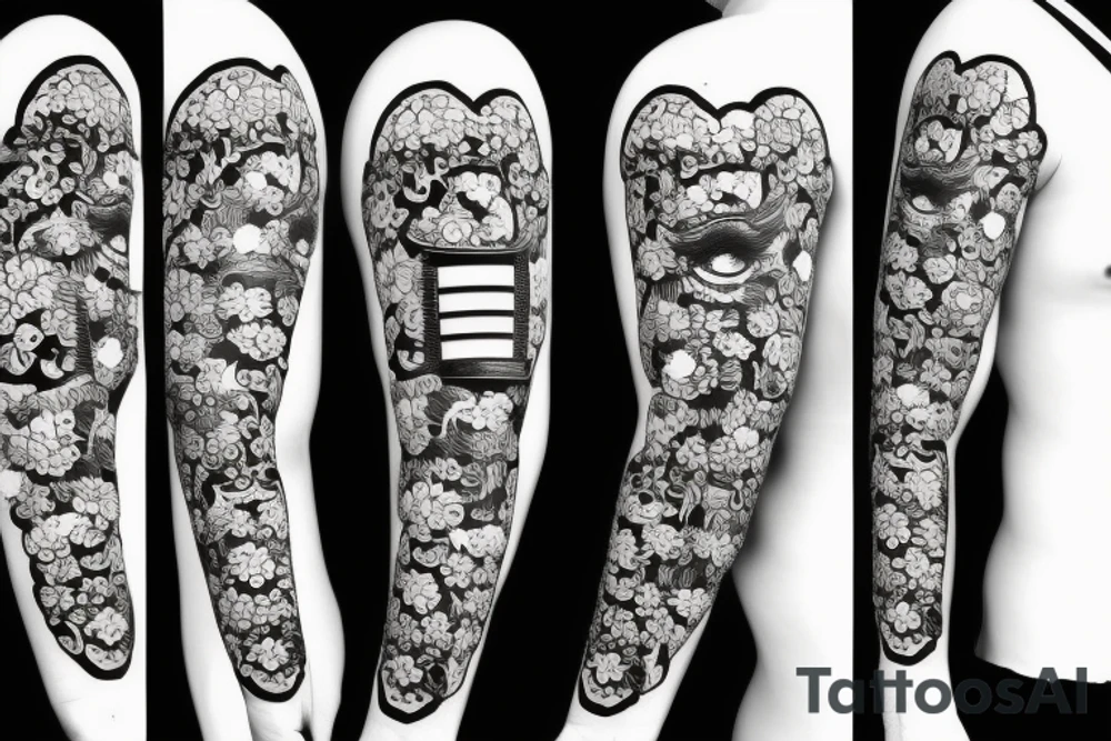 An samurai mask with flowers and broken hearts tattoo idea