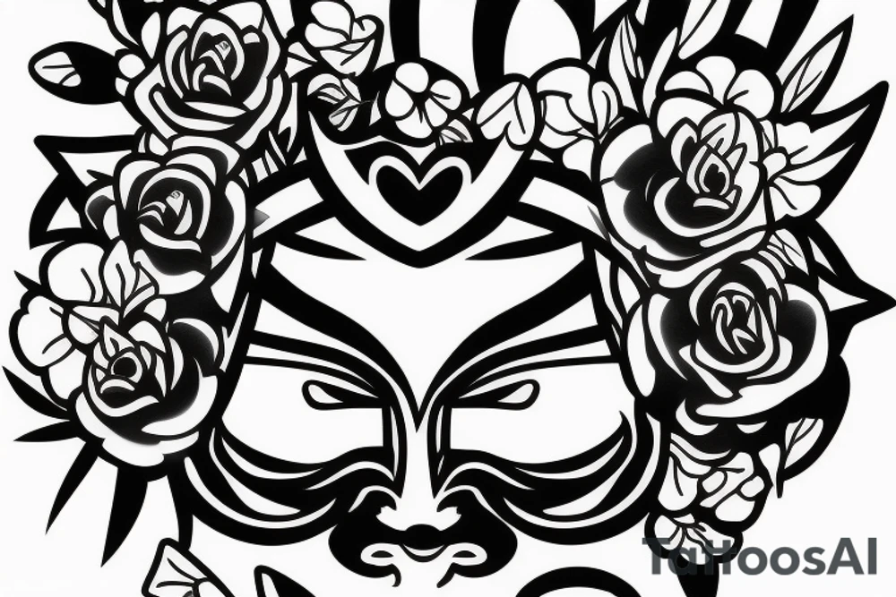 An samurai mask with flowers and broken hearts tattoo idea