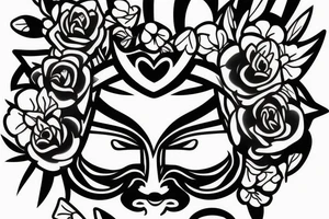 An samurai mask with flowers and broken hearts tattoo idea