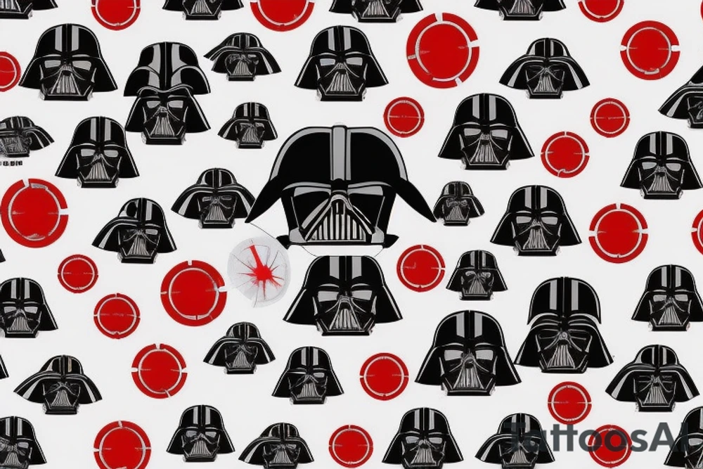 Darth Vader Red lightsaber star wars collage, death star behind Darth Vader, tie fighters in background trash polka tattoo idea