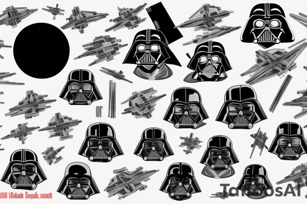 Darth Vader Red lightsaber star wars collage, death star behind Darth Vader, tie fighters in background trash polka tattoo idea