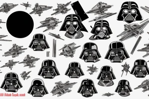 Darth Vader Red lightsaber star wars collage, death star behind Darth Vader, tie fighters in background trash polka tattoo idea