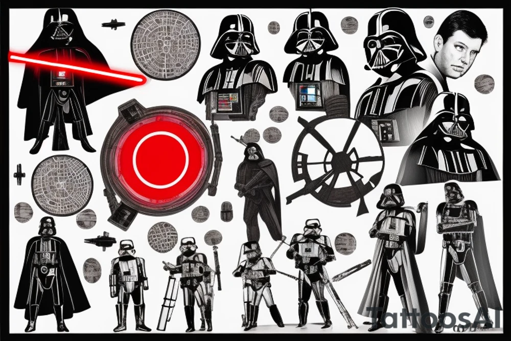 Darth Vader Red lightsaber star wars collage, death star behind Darth Vader, tie fighters in background trash polka tattoo idea
